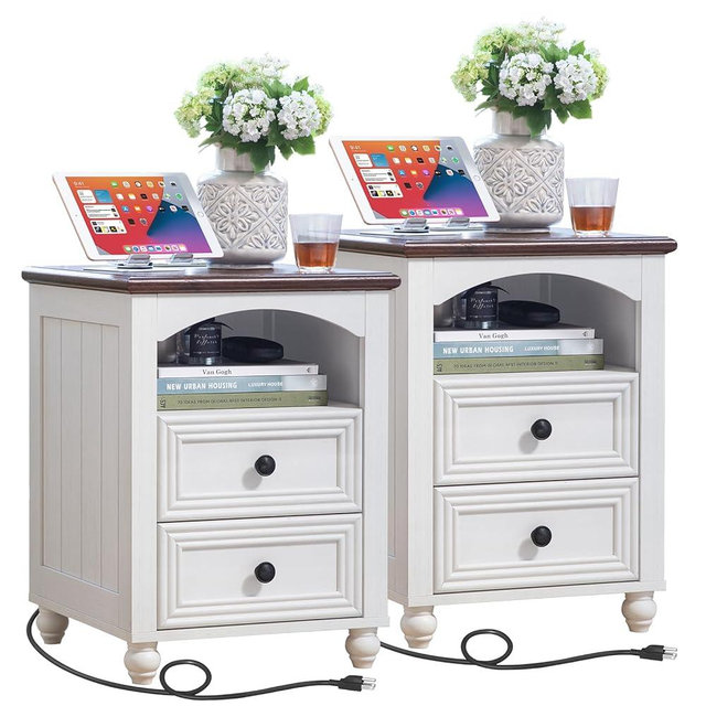 18" Farmhouse Night Stands Set of 2 with Charging Station, Wooden Nightstand with 2 Drawers, Bedside End Table with Storage, Bed Side Tables Cabinet for Bedroom, Living Room, and Closet(White)