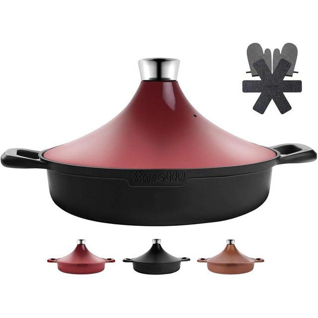 Non-Stick Frying Pan/Skillet 11", 3QT Tagine Pan,Cast Aluminum Pans with Lid, Stove/Oven-to-Table Cookware, Dishwasher Safe& Compatible with All Stovetops（Black Red）