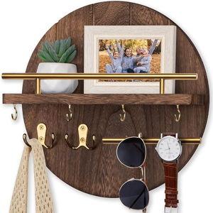 Nekon Key Holder Wall Mount, 11.8 Inch Rack With Shelf and 6 Hooks, Rustic Mail Organizer, Circular Wooden Hanger for Entryway Hallway Kitchen (Brown&Gold)