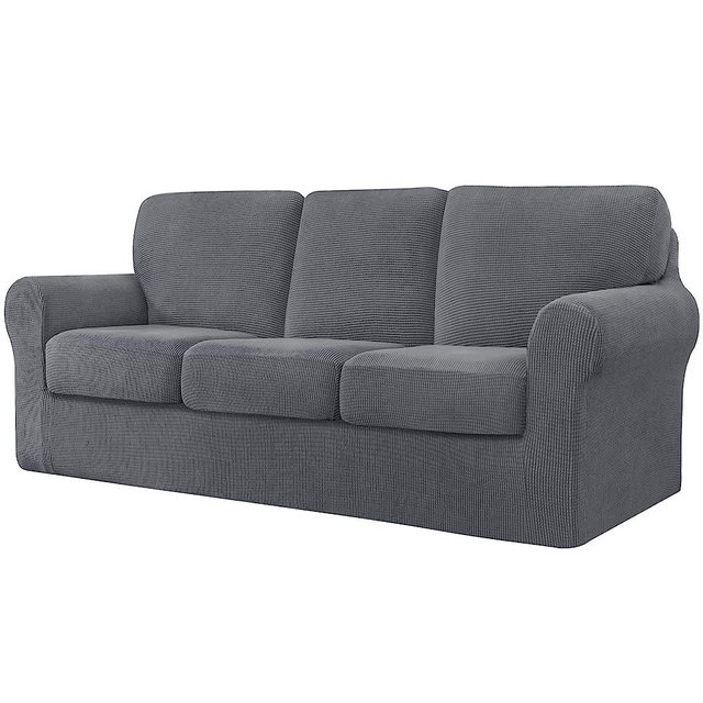 CHUN YI 7 Piece Stretch Sofa Covers for 3 Cushion Couch Covers, 3 Seater Couch Slipcover with 3 Separate Backrests and Cushions with Elastic Band, Checks Spandex Jacquard Fabric(Large, Light Gray)
