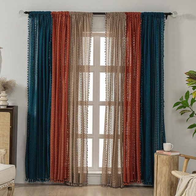 WAZZIO Crochet Curtains - Color Clash Combination: Blue & Orange, 59x84in, 4 Panels (2 Burnt Orange, 2 Teal)