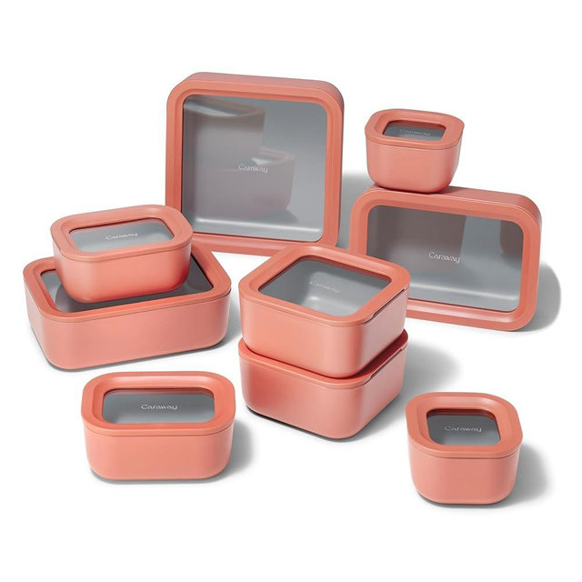 Caraway 25pc Glass Food Storage Set - Glass Storage Containers for Food - Non-Toxic Ceramic-Coated Glass - Air Release Technology - Compact & Stackable Design - Perracotta