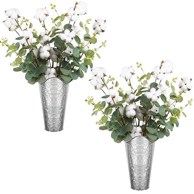 LIBWYS Galvanized Wall Planter 2 Sets and 8 Cottons Stems with Eucalyptus Metal Hanging Vase for Farmhouse Rustic Style Country Home Wall Decor