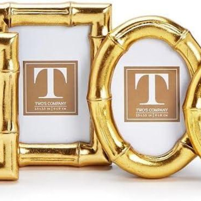 Two's Company 4 Assorted Antique Gold Faux Bamboo Photo Frame Set - 3" Mini Picture Frames, Resin