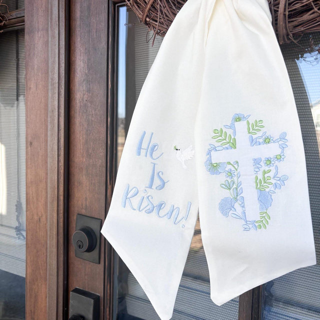 Spring and Easter Wreath Sash/ He Is Risen With Cross Design/Easter Home Decor/Wreath Sash for Spring or Easter