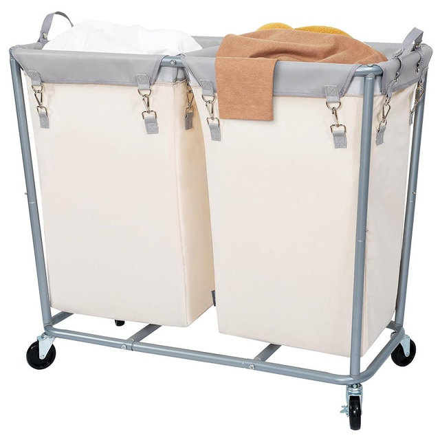 STORAGE MANIAC Commercial Laundry Hamper with Heavy Duty Steel Frame, 240 L Industrial Laundry Basket Cart with Wheels for Hotel, Home, Laundry Room, 37.5''L x 17.1''W x 31.8''H, 2 Section Beige