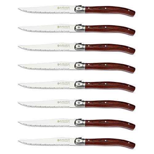 Laguiole by Hailingshan Steak knives Serrated Edge Sharp Light Premium Dishwasher Safe Stainless Steel knife set of 8 wood handle with Gift Box 