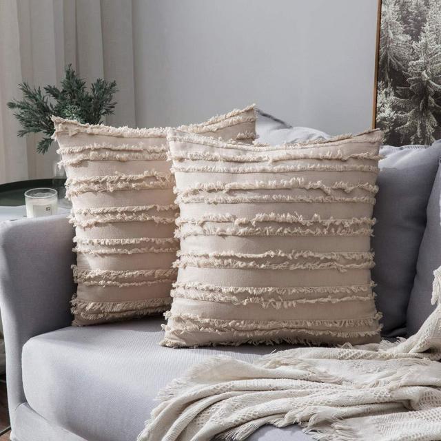 MIULEE Set of 2 Decorative Boho Throw Pillow Covers Cotton Linen Striped Jacquard Pattern Cushion Covers for Sofa Couch Living Room Bedroom 20x20 Inch Beige