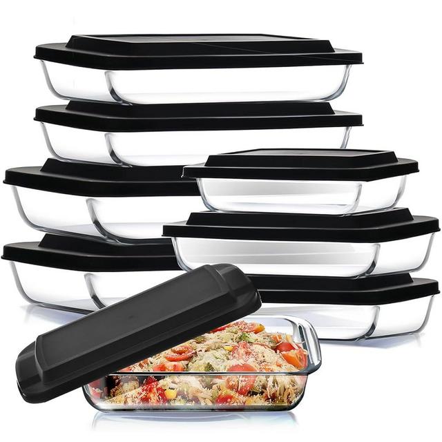 Nestl 8-Pack Glass Baking Dishes for Oven, Glass Food Storage Containers with Lids, Leakproof Casserole Dishes for Oven with Lid, Cooking, Microwave Oven Freezer Safe Bakeware, 9x13 Lasagna Pan Black