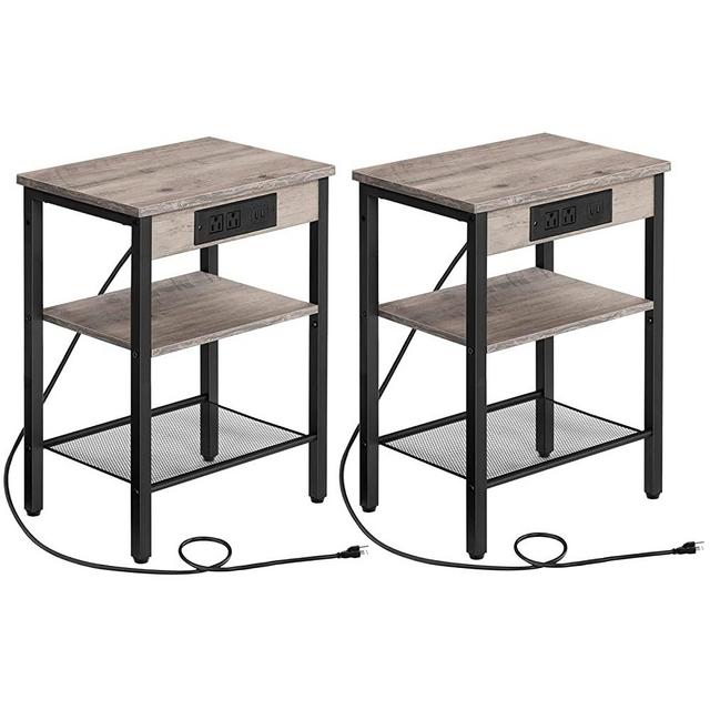 HOOBRO End Table Set of 2 with Charging Station and USB Ports, 3-Tier Nightstand with Adjustable Shelves, Narrow Side Table for Small Space in Living Room, Bedroom, Greige and Black BG112BZP201