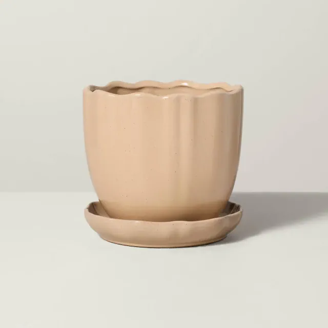 6" Scalloped Edge Stoneware Indoor/Outdoor Planter Pot with Saucer Tan - Hearth & Hand™ with Magnolia