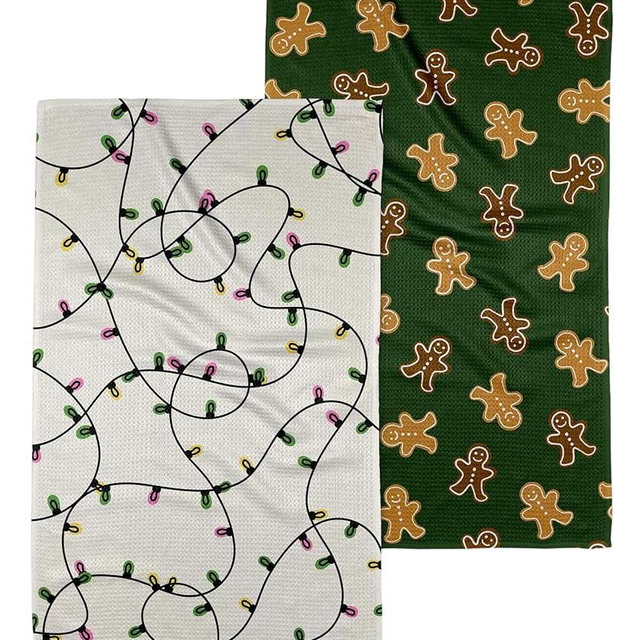 GEOMETRY Christmas Kitchen Towels - Quick Dry Microfiber Cloth Dish Towels for Kitchen Drying - Premium Quick Dry Towel, 2-Pack Set (Festive Lights + Ginger Joy (Merry Magic))