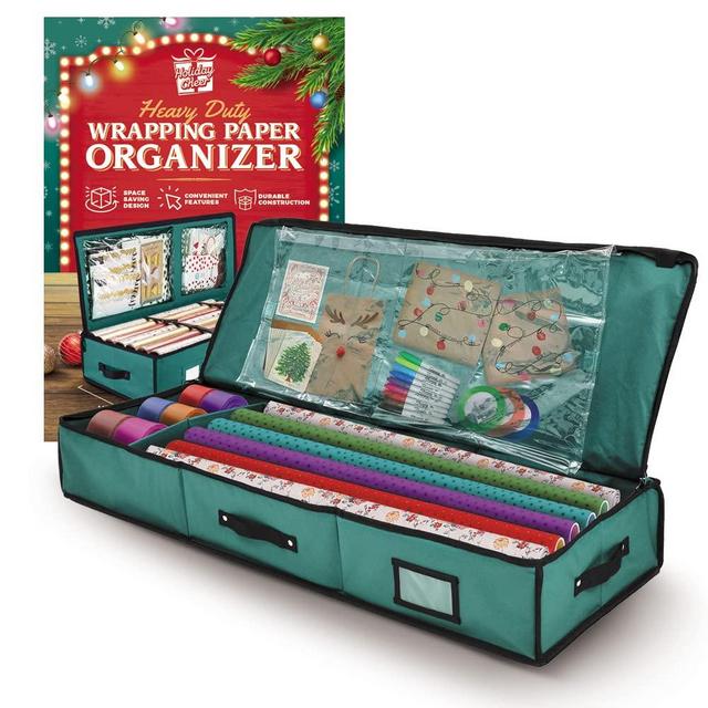 Holiday Cheer Premium Wrapping Paper Storage with Interior Pockets, Perfect for Holiday Storage and Organization and for Christmas Storage – Fits 18-24 Standard Rolls (Green)