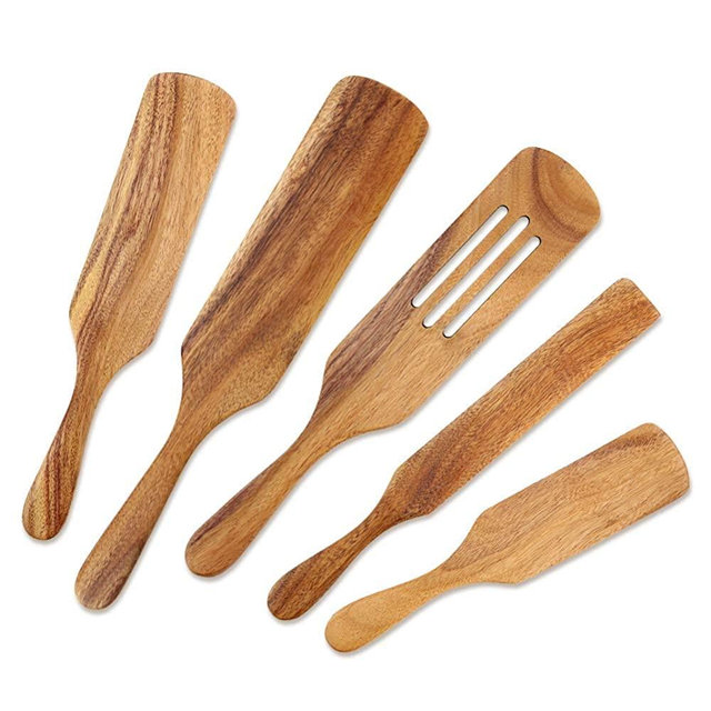 Wooden Cooking Utensils, Wooden Spurtles Set, AOOSY 5 Pcs Natural Teak Kitchen Utensil Set Heat Resistant Non Stick Wood Cookware, Slotted Spurtle Spatula Sets for Stirring Mixing Serving
