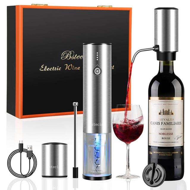 Electric Wine Openers Set with Wooden Case,One-click Automatic Electric Wine Bottle Opener Set,2in1 Wine Aerator&Pourer,Staniless Steel Rechargeable Corkscrew Wine Openers Set Chrismas Wine Gift