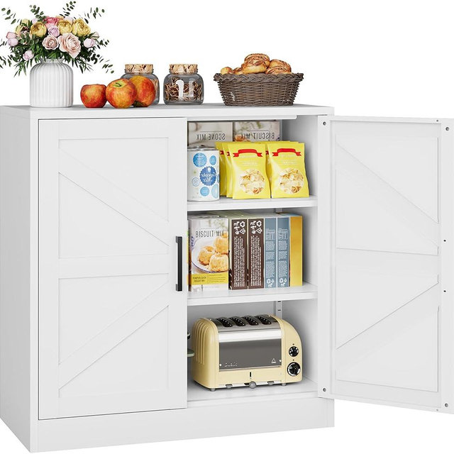 White Storage Cabinet with Doors and Adjustable Shelves,36" Farmhouse Food Pantry Cabinets,Small Sideboard Cabinet,Short Metal Storage Cabinets for Home Kitchen,Dining/Living/Laundry/Room