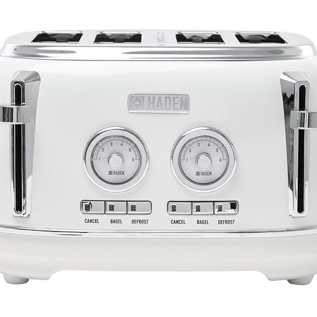 Haden Dorset 4 Slice Wide Slot Stainless Steel Toaster with Adjustable Browning Control & Non-Slip Feet, Ivory & Chrome