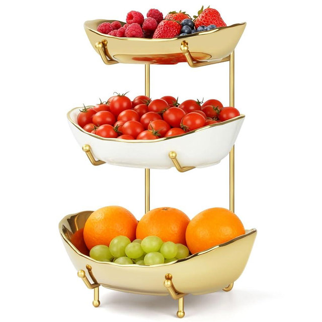YUNLINLI Fruit Bowl for Kitchen Counter, 3 Tier Fruit Basket for Counter, Tiered Holder with Metal Stand, White Gold Ceramic Fruit Bowl, Detachable Rack, for Vegetable, Snack, Dessert Storage (Gold)