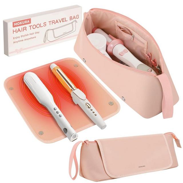 MOKURA Hot Hair Tools Travel Bag with Heat Resistant Mat, Women Hair Accessories Organizer Case, Storage Pouch for Curling Iron Straightener Flat Iron Hair Dryer, Gifts for Mom Mothers Day, Pink