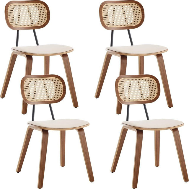 Ya-Home Mid-Century Dining Chairs Set of 4, PU Leather Side Chairs with Rattan Backrest Wooden Legs Armless Guest Chairs Kitchen Chairs for Dining Room Living Room, Beige