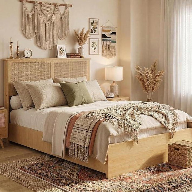 coucheta Rattan Bed Frame Queen with Natural Rattan Headboard,Queen Bed Frame with LED Lights,Rattan Queen Bed Frame with Headboard, Wood Foundation with Silent Slats,No Box Spring Needed