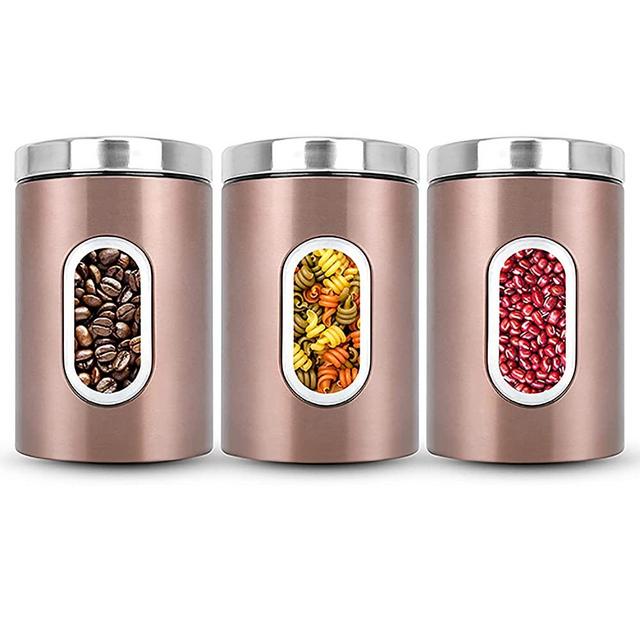 DAYSEN Kitchen Canister Set of 3, Storage Jars with Window Cover Lids for Sugar Food Tea Coffee Candy Container Sets (Champaign Gold)