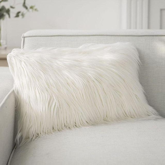 Phantoscope Faux Fur Solid Decorative Pillow Cover Fluffy Throw Pillow Mongolian Luxury Fuzzy Pillow Case Cushion Cover for Bedroom and Couch,Off-White 12 x 20 Inches