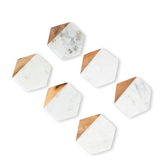 GoCraft Marble & Wood Coasters | Handcrafted Geometric White Marble Coasters with Mango Wood for Your Drinks, Beverages & Wine/Bar Glasses (Set of 6)