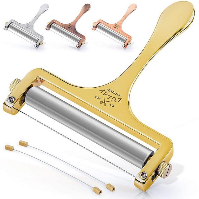 Zulay Cheese Slicer With Adjustable Thickness - Heavy Duty Stainless Steel Cheese Slicers With Wire - Premium Wire Cheese Slicer For Soft & Semi-Hard Cheeses - 2 Extra Wires Included (Gold)