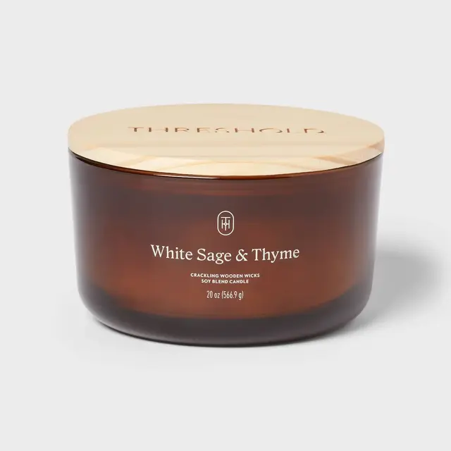 3-Wick Amber Glass Wooden Wick White Sage and Thyme Jar Candle 20oz - Threshold™
