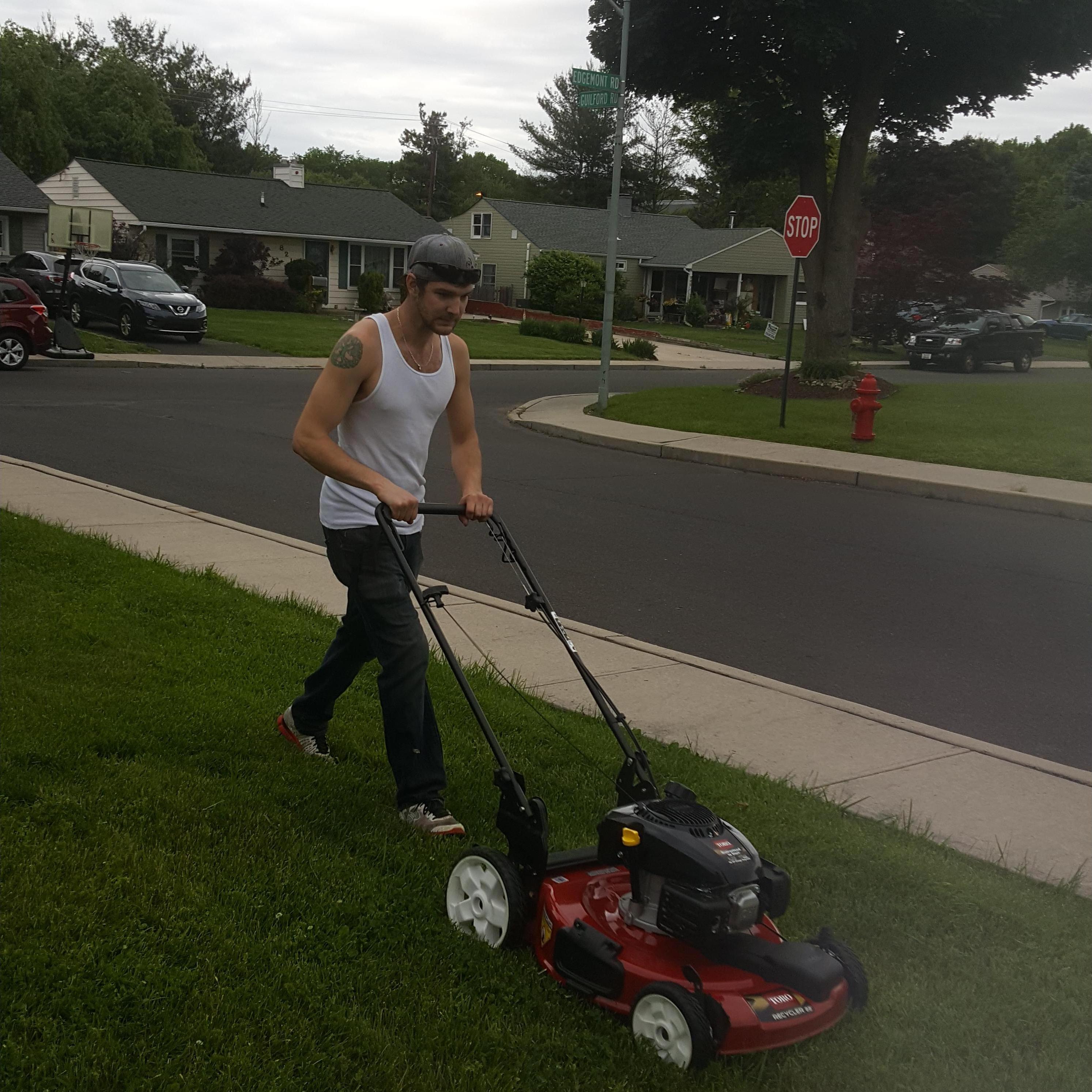 The first time mowing the lawn in our first home. He was so excited♡