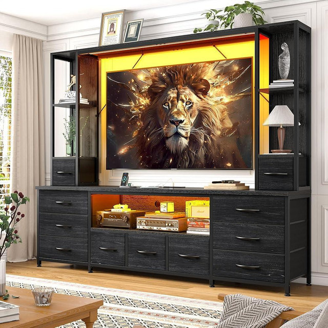 65" TV Stands for Living Room, Large Wall Unit Entertainment Center with 11 Fabric Drawer,Dresser TV Stand with 2 LED Lights & Power Outlets,TV Stand for Bedroom with Storage Shelf,Black