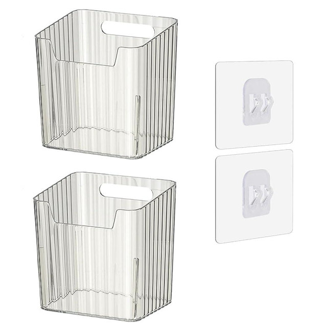 Set of 2 Storage Organizer Bins Wall Mounted Floating Shelves Fridge Organizer Stackable Clear Plastic Storage Bins for Wall, Refrigerator, Kitchen, Bathroom, Countertops, Pantry, BPA Free (Clear)