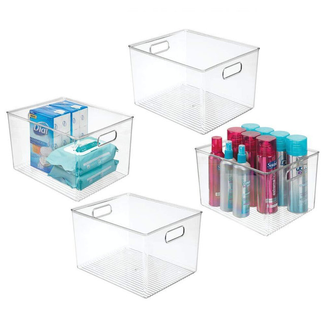 mDesign Plastic Storage Organizer Bin Tote for Organizing Bathroom Hand Soaps, Body Wash, Shampoo, Lotion, Conditioners, Hand Towels, Hair Accessories, Body Spray, Mouthwash - 8" High, 4 Pack - Clear