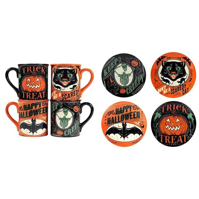 Certified International Scaredy Cat 18 oz. Mugs, Set of 4 Assorted Designs, 4 Count (Pack of 1), Multicolor & Scaredy Cat 6" Canape/Luncheon Plates, Set of 4 Assorted Designs, Multicolor