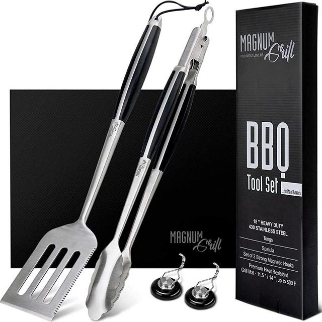 Magnum Grill Grilling Accessories 5 Piece BBQ Tools Set with 18" Grill Spatula, Tongs for Cooking, BBQ Grill Mat and 2X Strong Magnetic Hooks for Hanging on Barbeque - Heavy Duty Metal Grill Set