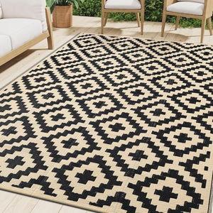 Smiry Waterproof Outdoor Rug 6x9 ft, Reversible Plastic Straw Patio Camping Rugs, Outdoor Indoor RV Mat Carpet for Patio, Outside Entry, Backyard, Deck, Bench, Picnic, Camper, Black & Beige