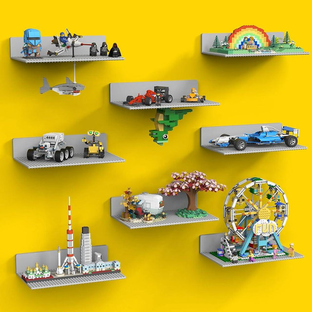BlissBox 8-Pack Display Shelves for Wall Compatible with Lego Building Bricks, 11.3x6.3inch Dual‑Sided 36x20 Studs for Toy Brick Storage and Display, ABS Display Shelves for Room Decor, Gray