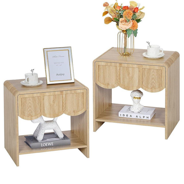 Night Stand Set of 2, Mid Century Modern Farmhouse Wood Nightstand with Wave Panel Drawer, Bed Side End Table for Small Space, Living Room - Natural