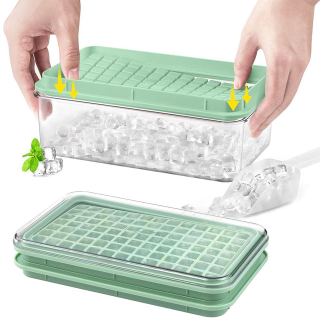 Longzon Mini Ice Cube Tray with Lid and Bin, 273 Pcs Small Ice Cube Trays for Freezer, Ice Cube Mold Spill-Resistant Removable Lid&Ice Scoop, Ice Mold for Whiskey Cocktail, Tea,Coffee-Green