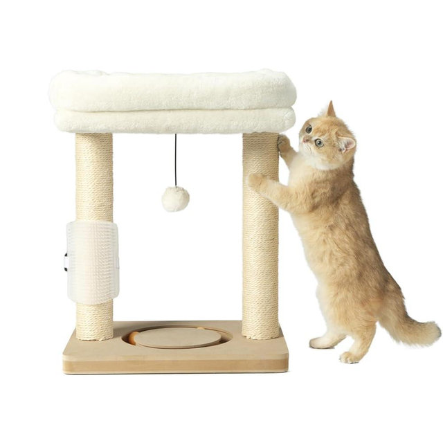 RUBMEOW Small Cat Tree Tower Scratching Post with Perch Bed for Indoor Cats and Kittens,Track Ball Hanging Ball Toy Self-Massage Brush Beige