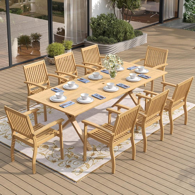 SUNSHINE VALLEY Acacia Wood 9 Piece Patio Dining Sets for 8, Outdoor Dining Set with Expandable Teak Dining Table(1.97" Umbrella Hole) & Wooden Chairs, Outdoor Table and Chairs for Backyard,Deck