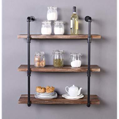 Homissue 31.5-Inch Industrial Pipe Shelf, 3-Shelf Metal Bookcases Furniture, Retro Brown