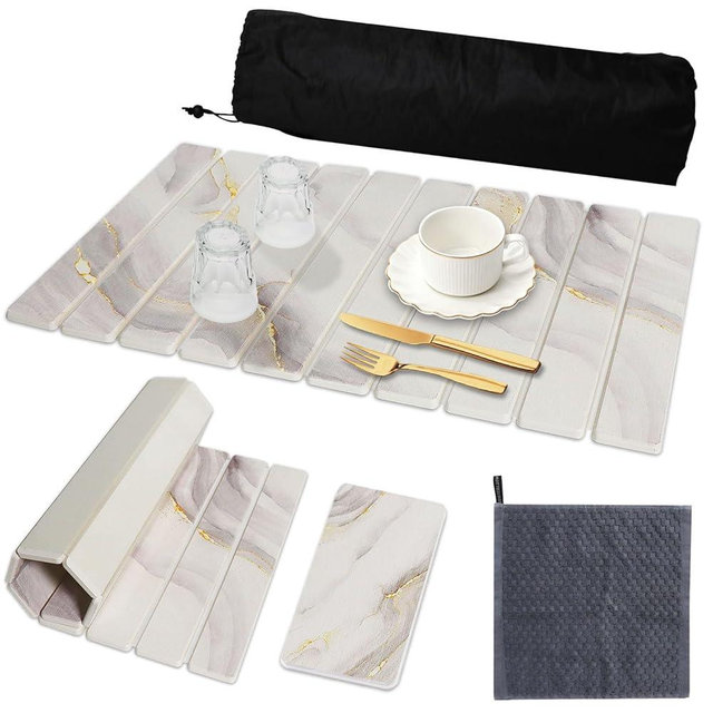 Large Stone Drying Mat for Kitchen Counter, 23.3"(L)×15.3 (W) Collapsible Dish Drying Mat, Eco-Friendly Absorbent Diatomaceous Earth Mat for Dishes Bottles Cups, Match Any Countertop (White Gold)