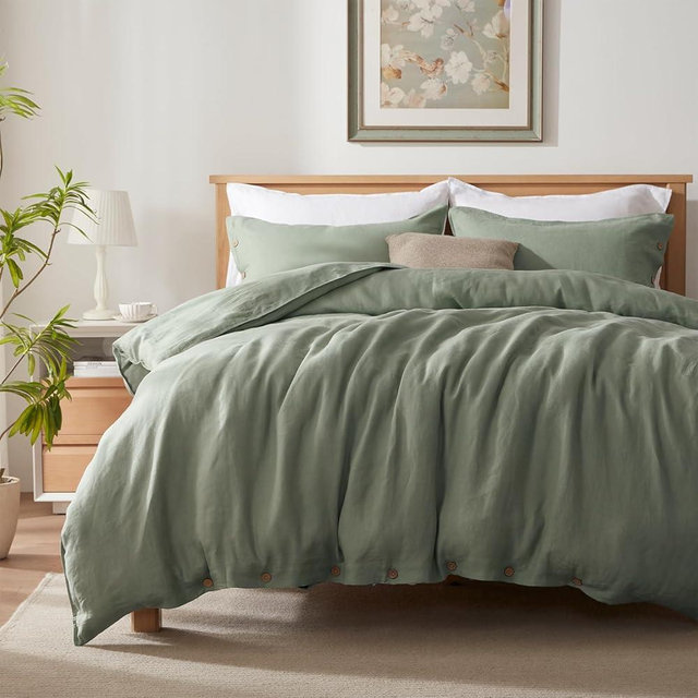 TOSMO 100% Linen Duvet Cover Set with Button Closure, 3 Pieces (1 Duvet Cover with 2 Pillowcases), Soft Breathable Durable Farmhouse Bedding - King, Sage Green