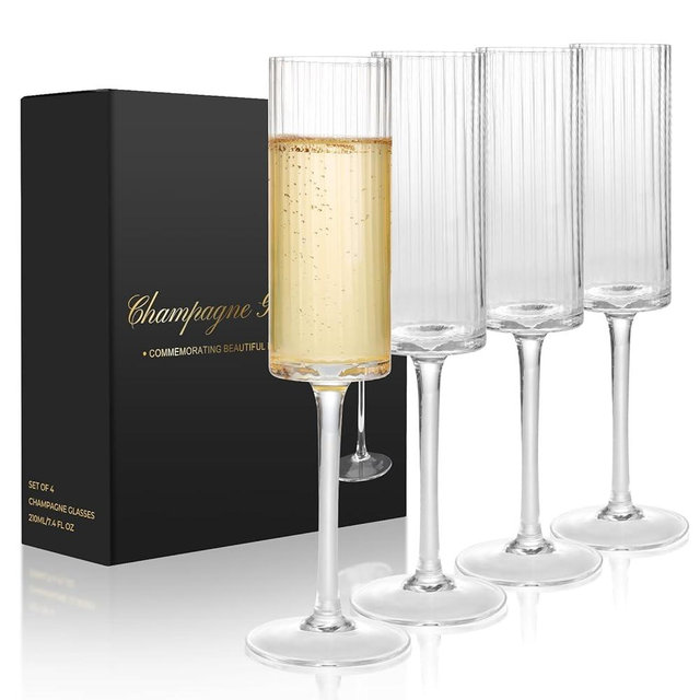 Topsky Ribbed Champagne Flutes Set of 4,7 oz Crystal Champagne Glasses,Vintage Unique Ridged Design,Clear Mimosa Glasses,Cocktail Glasses or Wedding Toasting Glasses,Inner Stripe