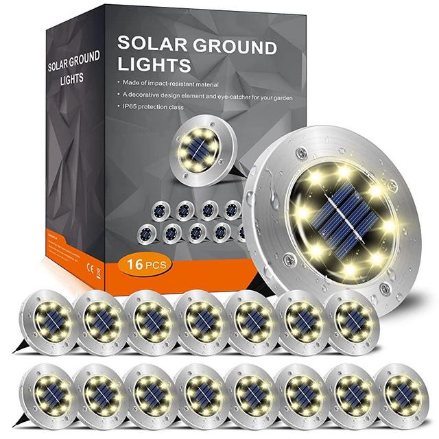 INCX Solar Ground Lights, 16 Packs 8 LED Garden Lights Solar Powered,Disk Lights Waterproof In-Ground Outdoor Landscape Lighting for Patio Pathway Lawn Yard Deck Driveway Walkway, Warm White