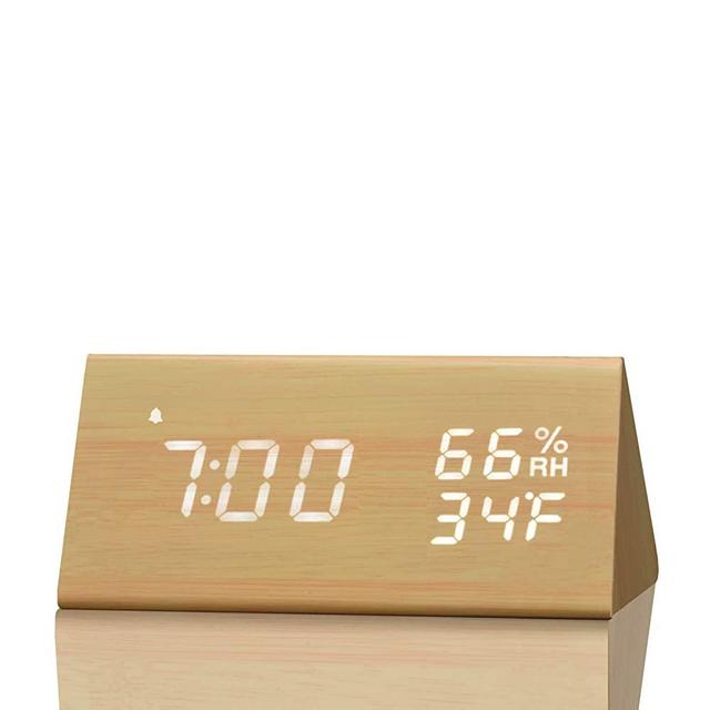 Digital Alarm Clock, with Wooden Electronic LED Time Display, 3 Alarm Settings, Humidity & Temperature Detect, Wood Made Electric Clocks for Bedroom, Bedside… (Yellow)