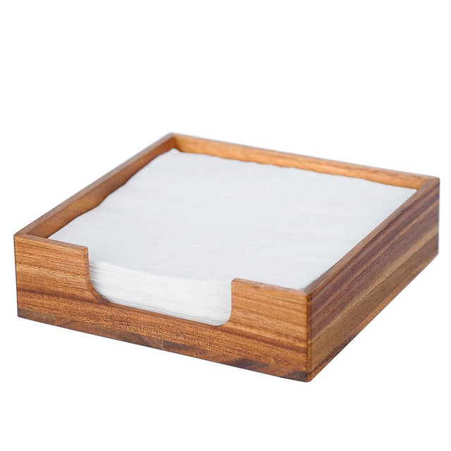 Acacia Napkin Holder for Table, 7" x 7" Wooden Napkin Dispenser, 4 Non Slip Pads, Luncheon Paper Napkins, Farmhouse Flat Square Napkin Holder, Bar Hotel Servilletero Home Kitchen Dining Tabletop Decor