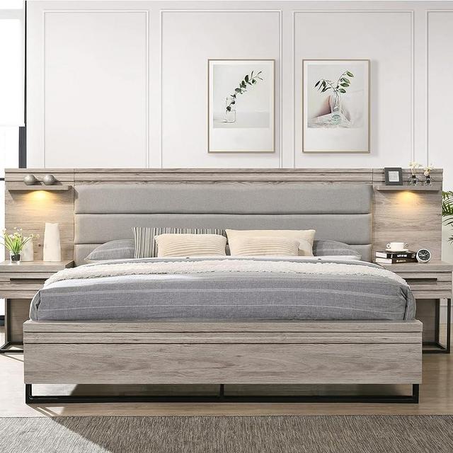 Roundhill Furniture Alvear Upholstered Wood Wallbed Bed with White LED Lights, 2 Nightstand, King, Weathered Gray